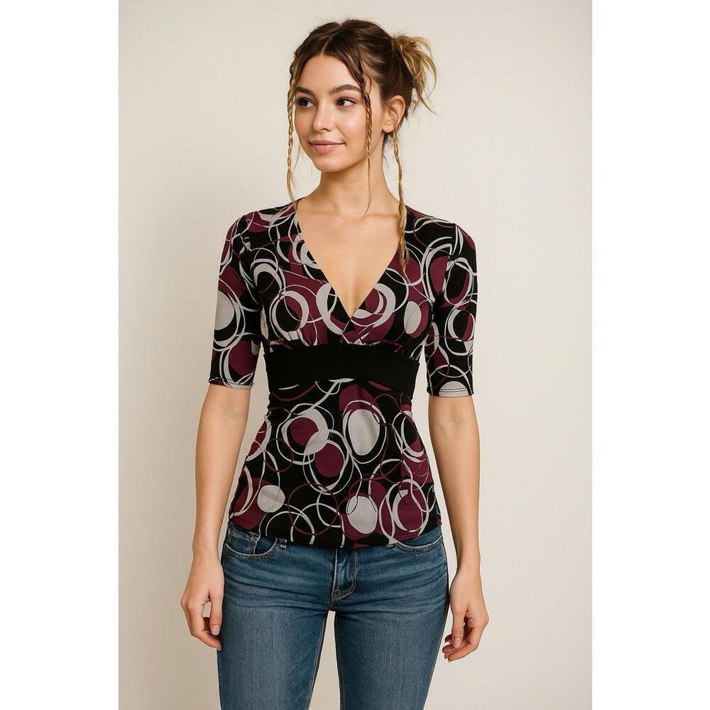 Vintage 90s y2k Maurices top XL geometric tie back stretch v-neck tunic party